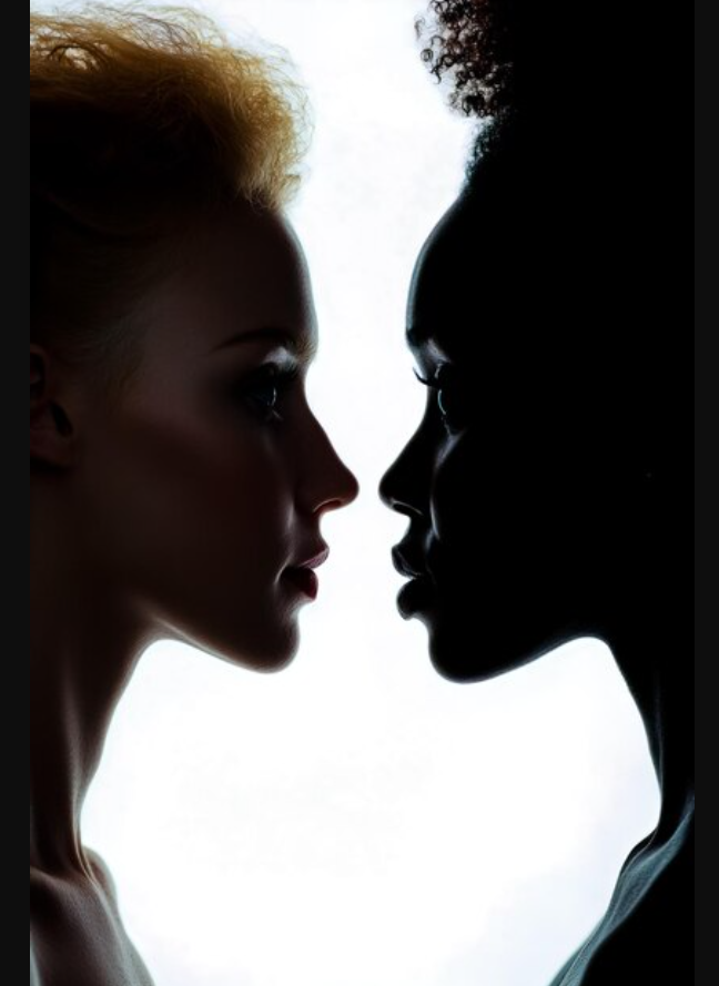 two ladies staring at each other one white one is black but the have the same features making them look alike