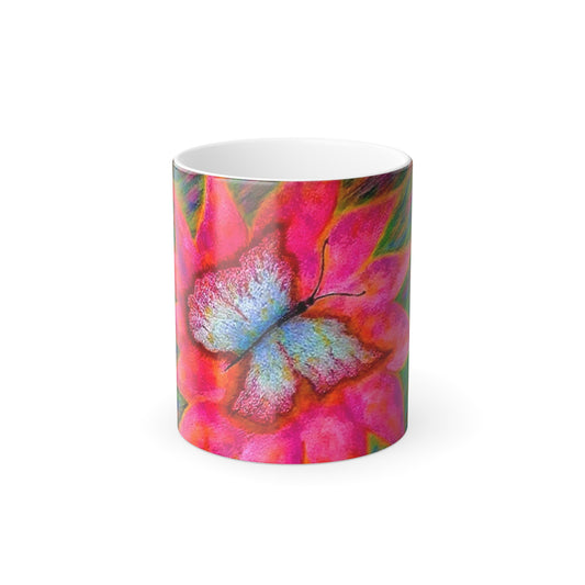 Mug, Color Changing Butterfly Coffee Cup, Heat Sensitive Ceramic Tea Mug, Unique Kitchen Gift, Magic Hot Cold Drink Cup, Hand Drawn Insect